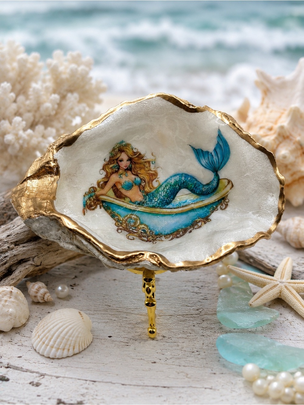 Mermaid Shell Trinket Dish in Turquoise and Gold
